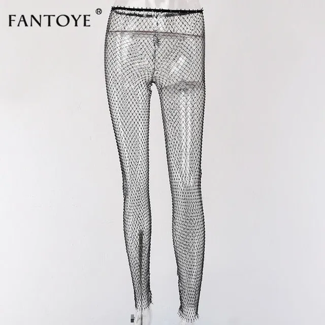 2021 Summer Fantoye Crystal Diamond Mesh Pants Women Sexy Loose Long Fishnet Pants Size One Size