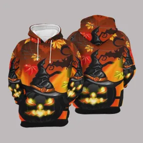 3D All Over Printed Black Pumpkin Wearing Hat On Hoodies, Witch Pumpkin Hoodies For Halloween