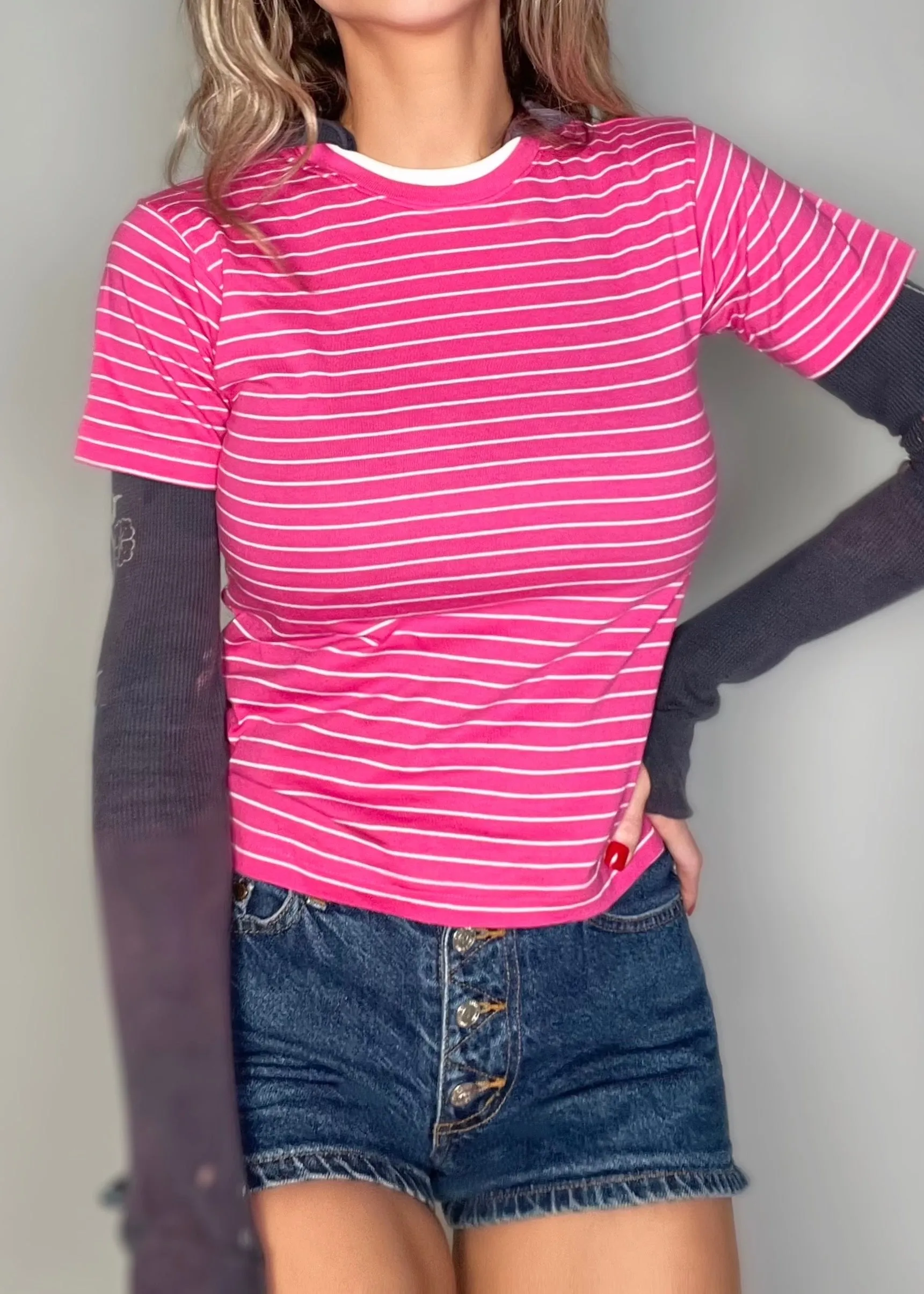 80s Pink Pinstripe Ringer Baby Tee | USA-Made Vintage Y2K Preppy