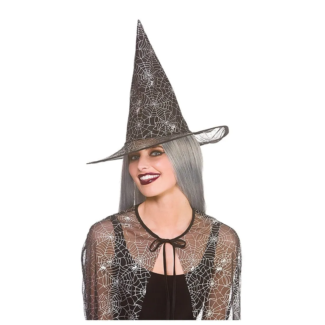 Adults Shimmering Spider Web Witch Cape & Hat Halloween 125cm