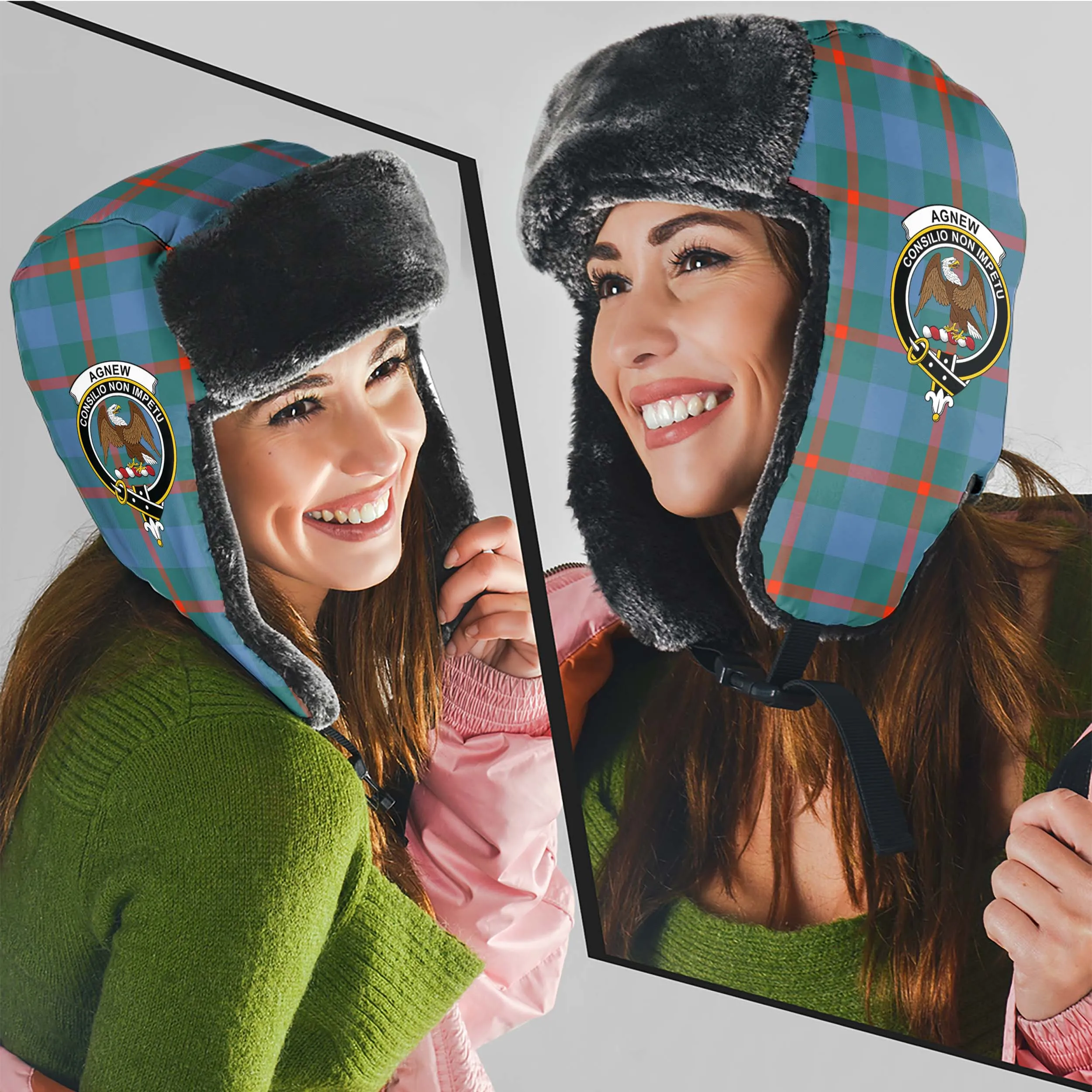 Agnew Ancient Tartan Winter Trapper Hat with Family Crest