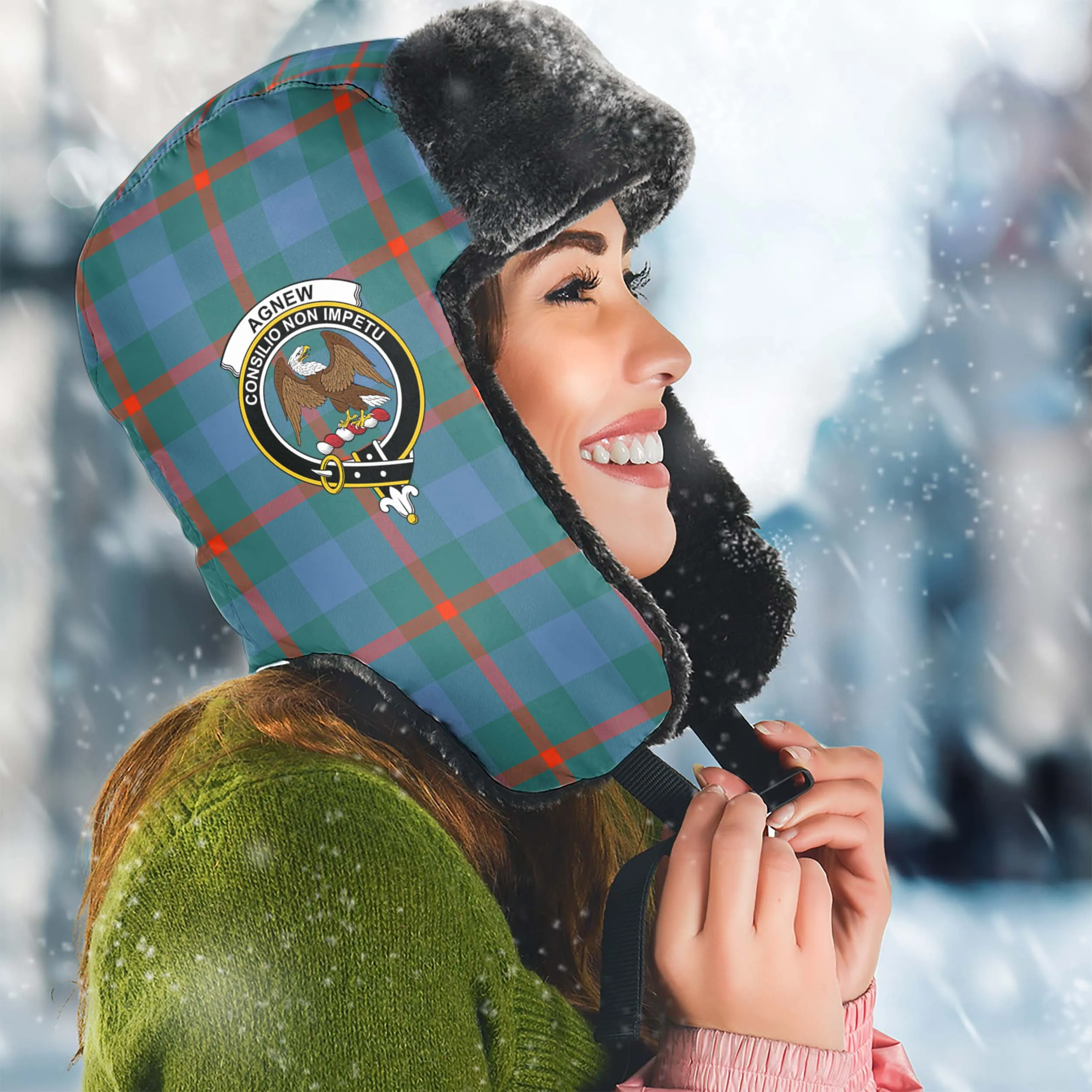 Agnew Ancient Tartan Winter Trapper Hat with Family Crest