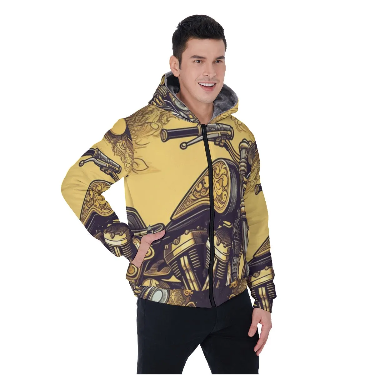 All-Over Print Men's Sherpa Fleece Zip Up Hoodie, yellow and black, motorcycle print, #25G