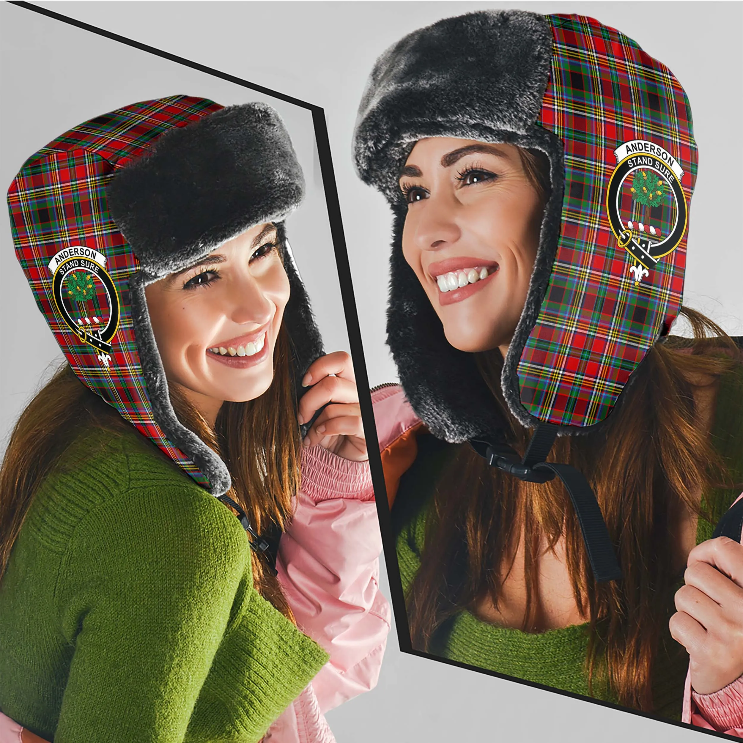 Anderson of Arbrake Tartan Winter Trapper Hat with Family Crest