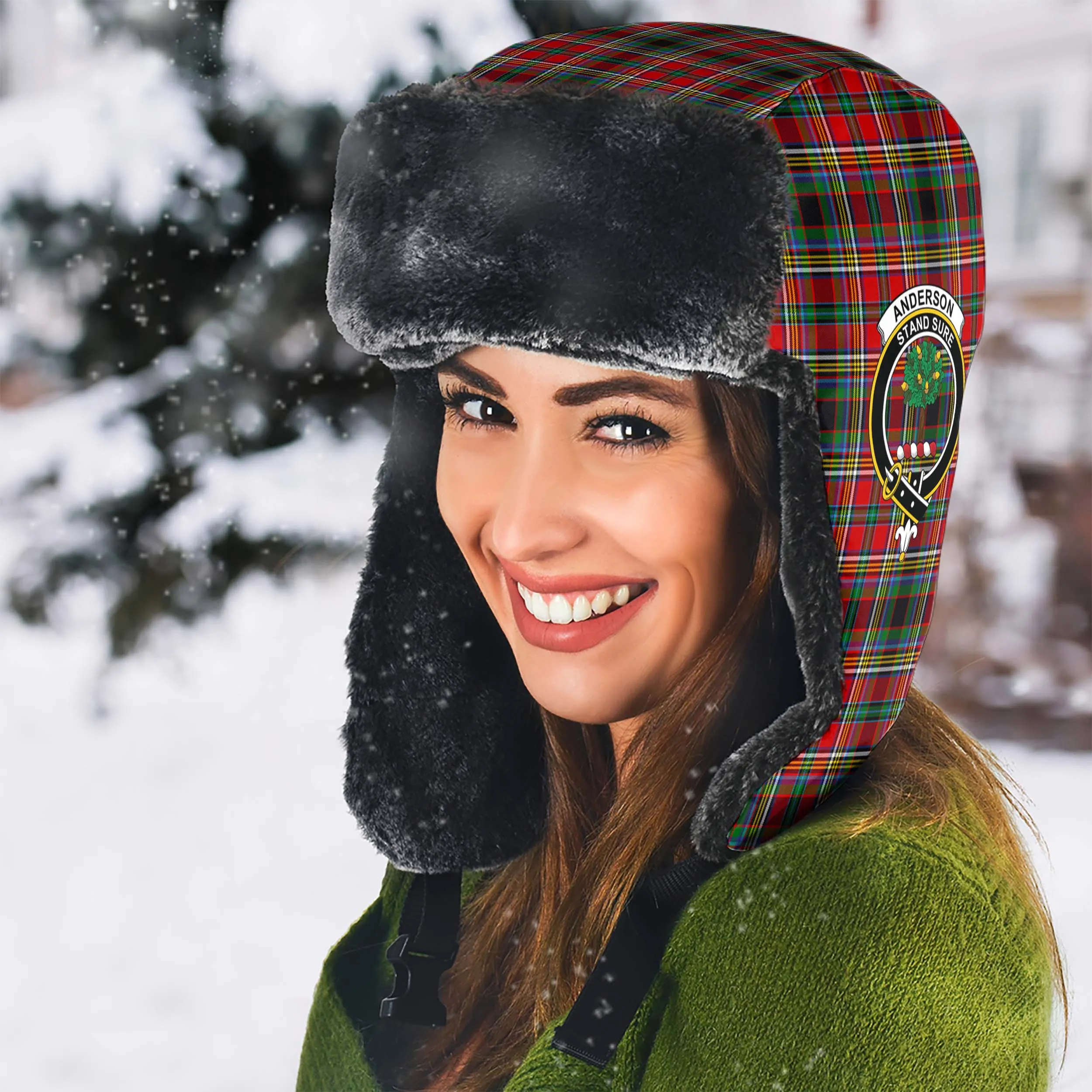 Anderson of Arbrake Tartan Winter Trapper Hat with Family Crest