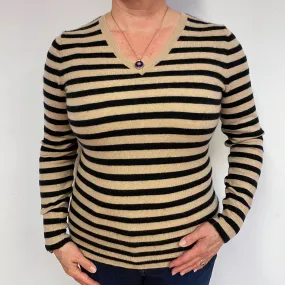 Beige Black Stripe Cashmere V-Neck Jumper Large