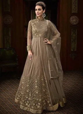 Beige Overall Embroidered Net Anarkali Suit