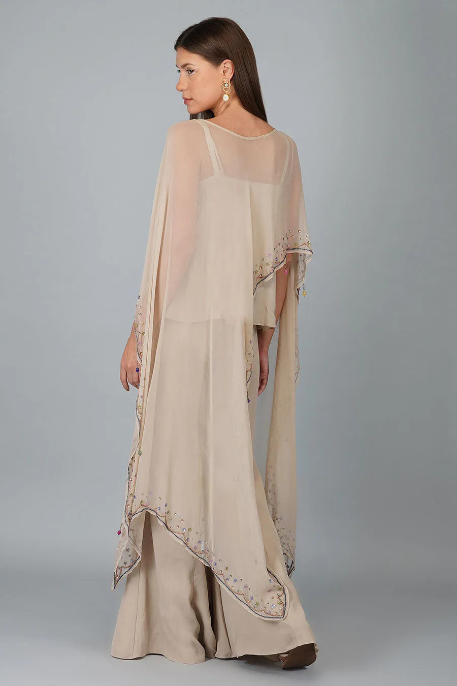 Beige Sequin Flower Cape Set