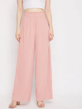 Berrylush Women Solid Pink Paperbag Waist High-Rise Wide Leg Pleated Pants