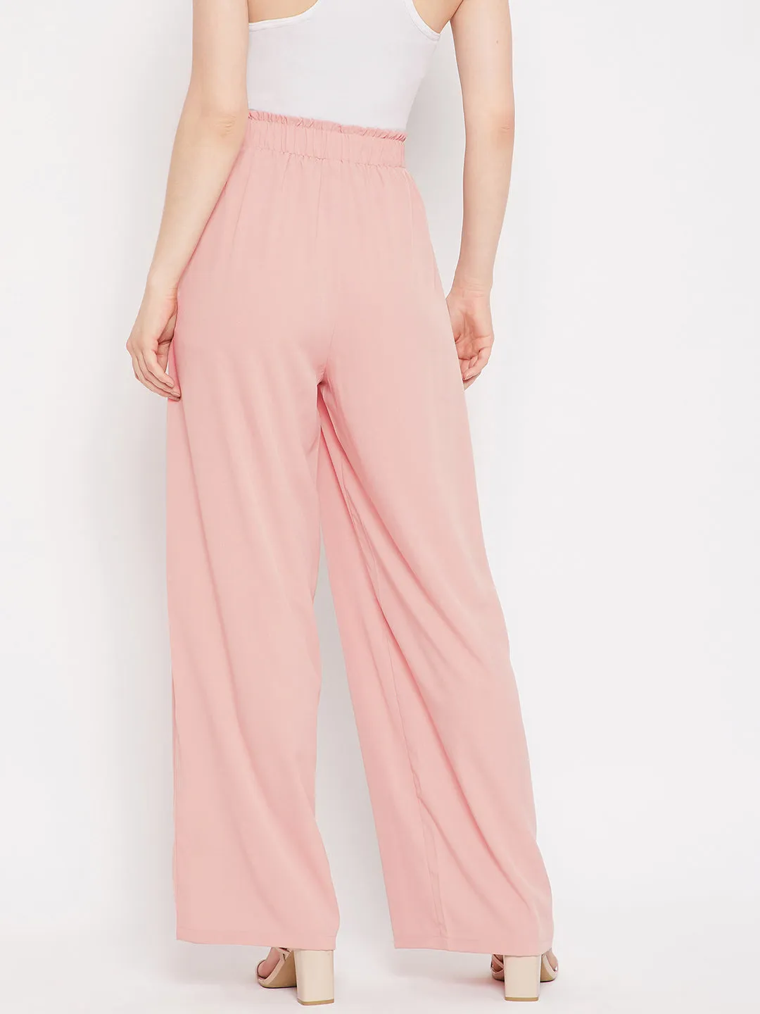 Berrylush Women Solid Pink Paperbag Waist High-Rise Wide Leg Pleated Pants