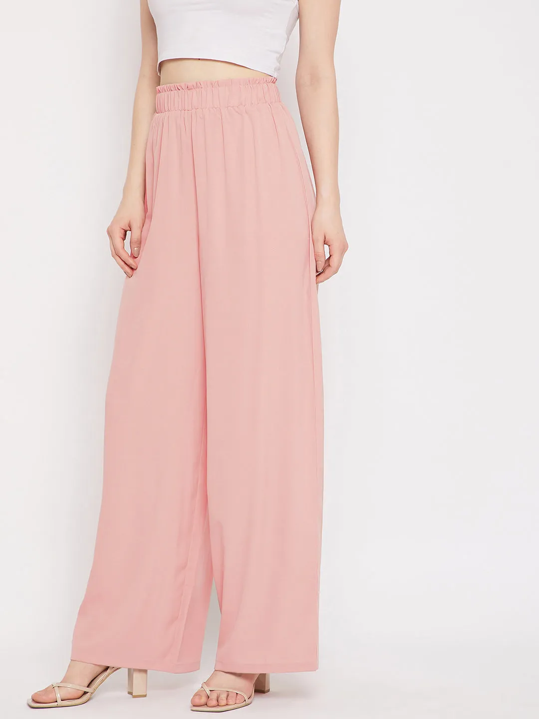 Berrylush Women Solid Pink Paperbag Waist High-Rise Wide Leg Pleated Pants