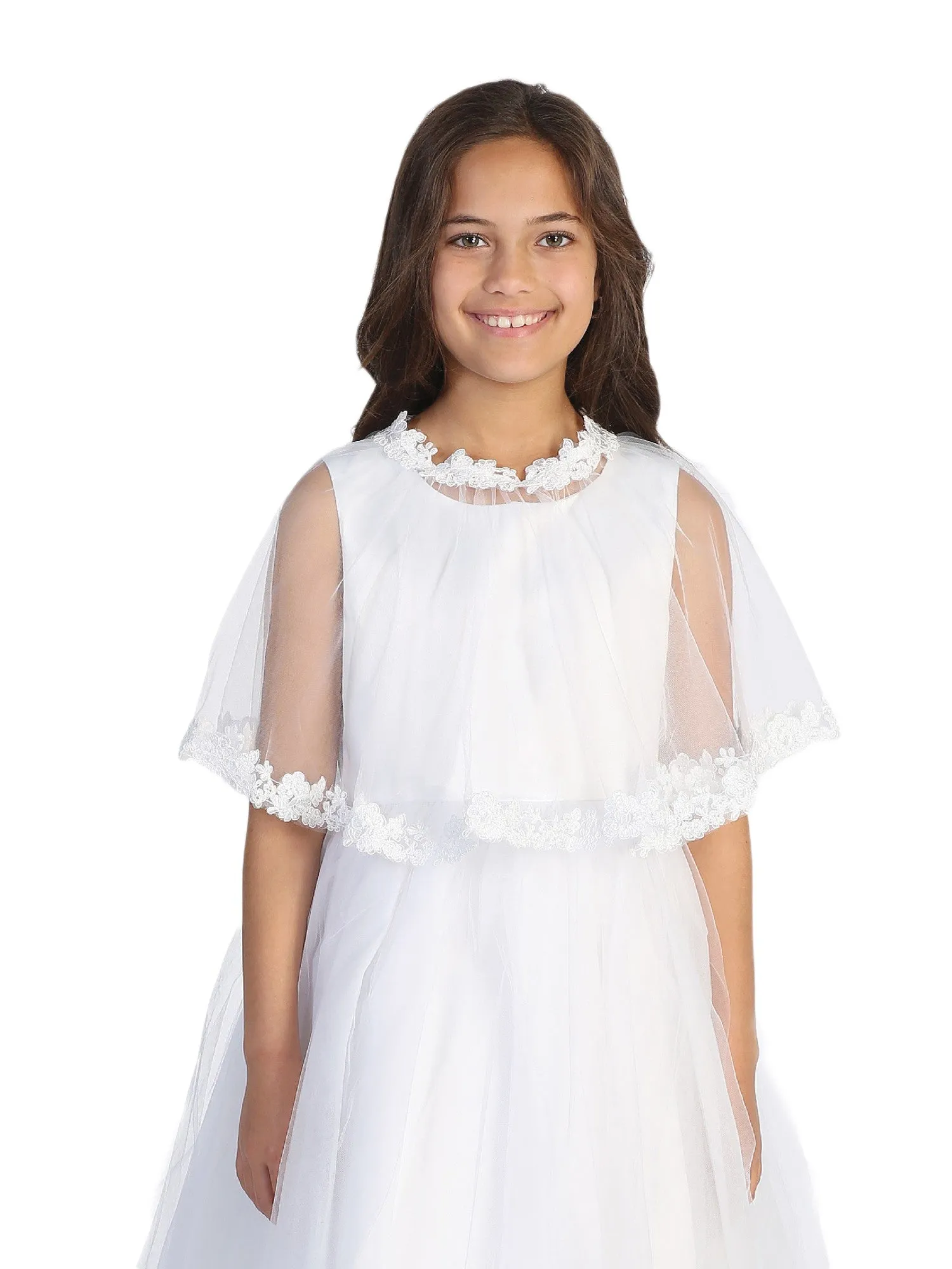 Big Girls White Floral Embroidered Lace Tulle Cape 8-16