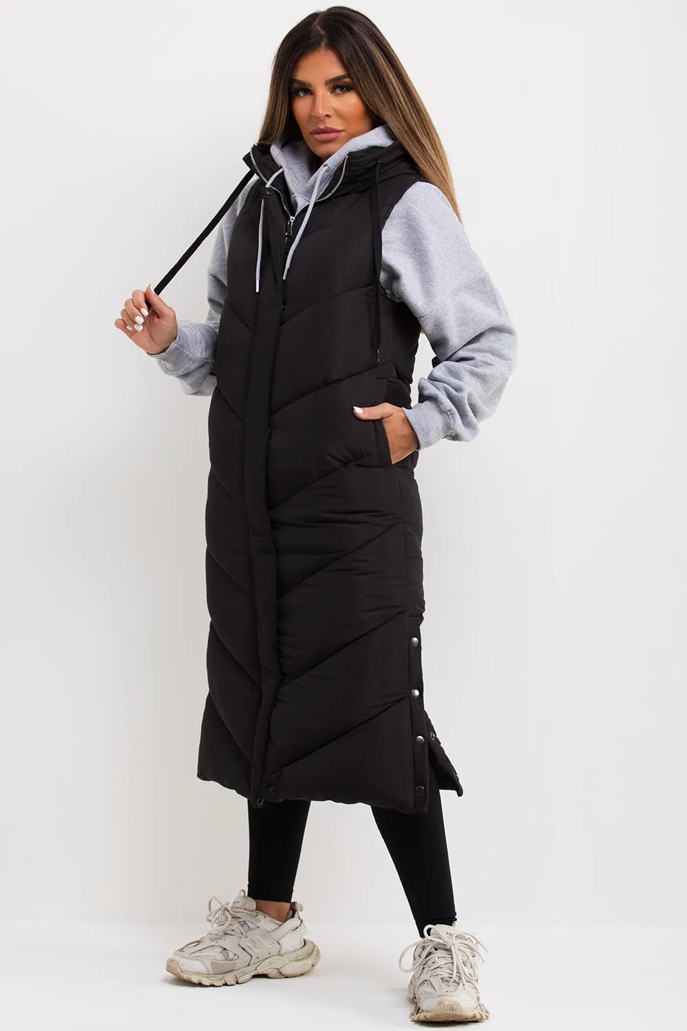 Black Long Gilet With Chevron Padded Style