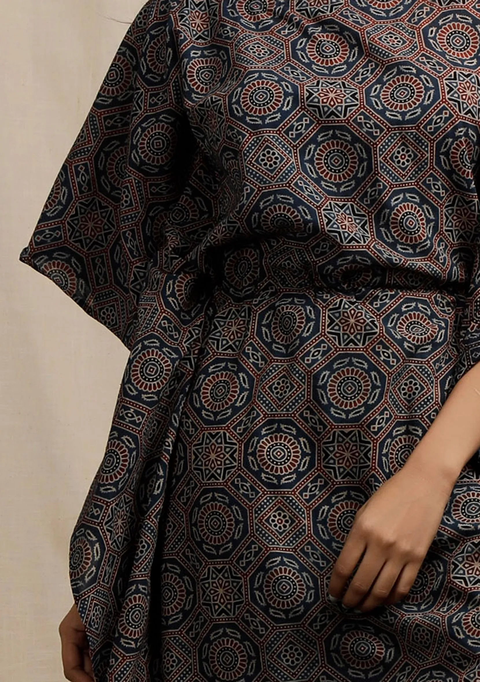 Blue Ajrakh Print Side Front Tie-Up Kaftan Kurta