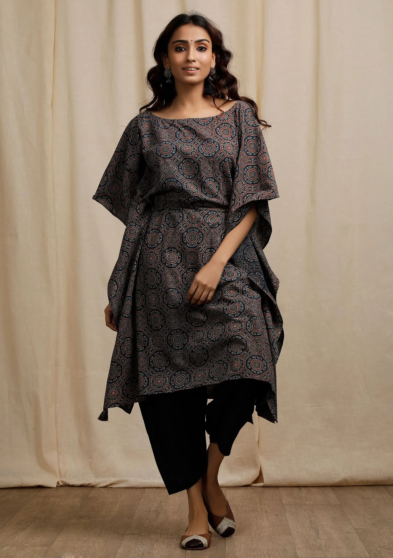 Blue Ajrakh Print Side Front Tie-Up Kaftan Kurta