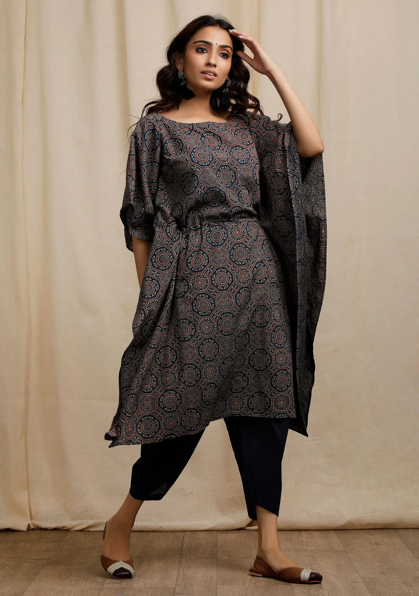 Blue Ajrakh Print Side Front Tie-Up Kaftan Kurta