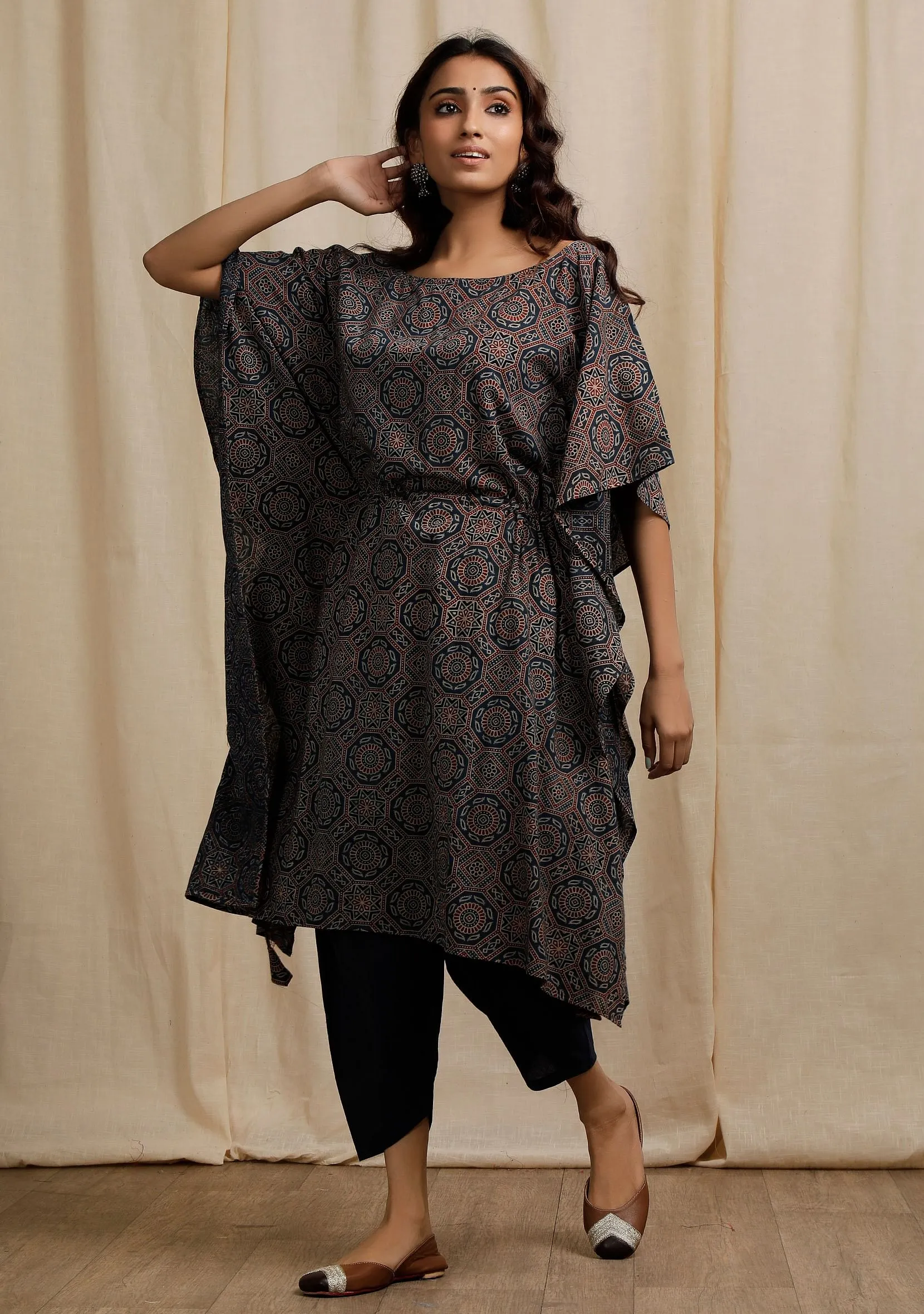 Blue Ajrakh Print Side Front Tie-Up Kaftan Kurta