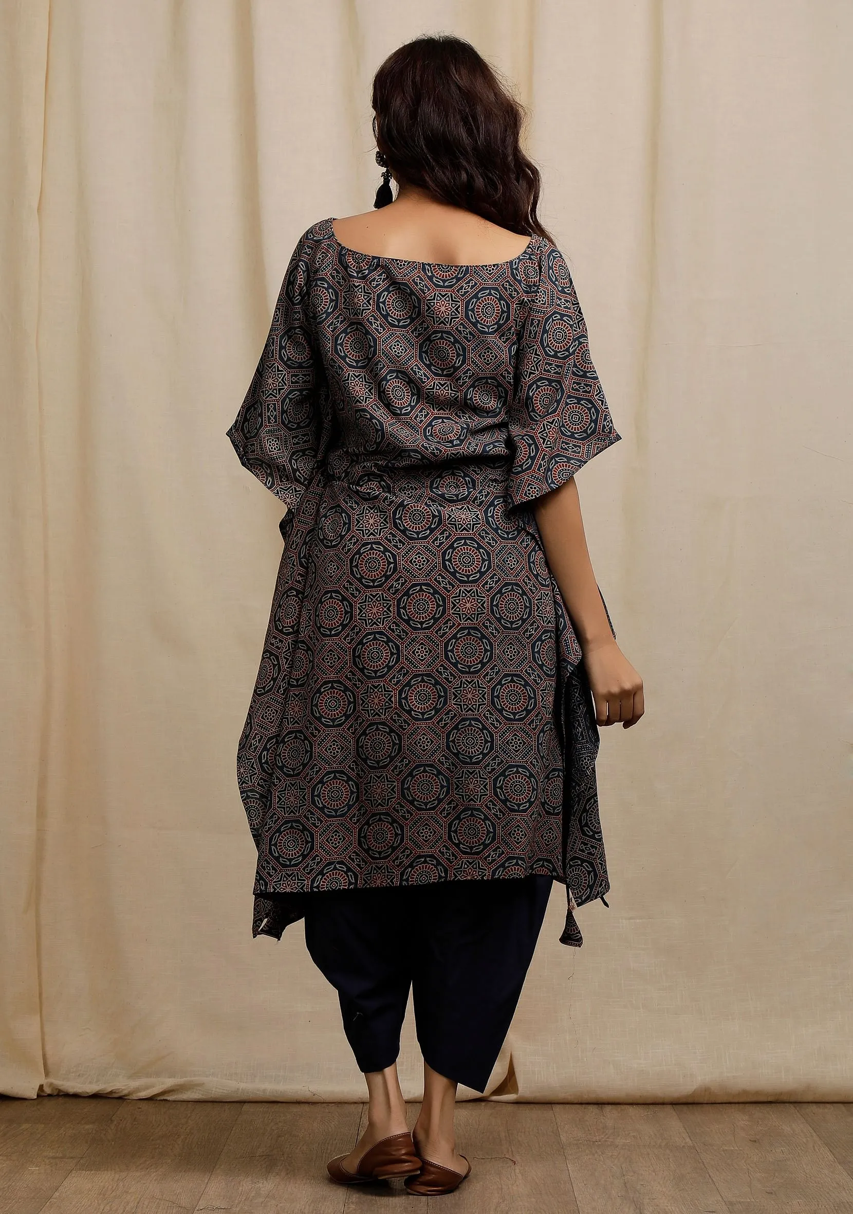 Blue Ajrakh Print Side Front Tie-Up Kaftan Kurta