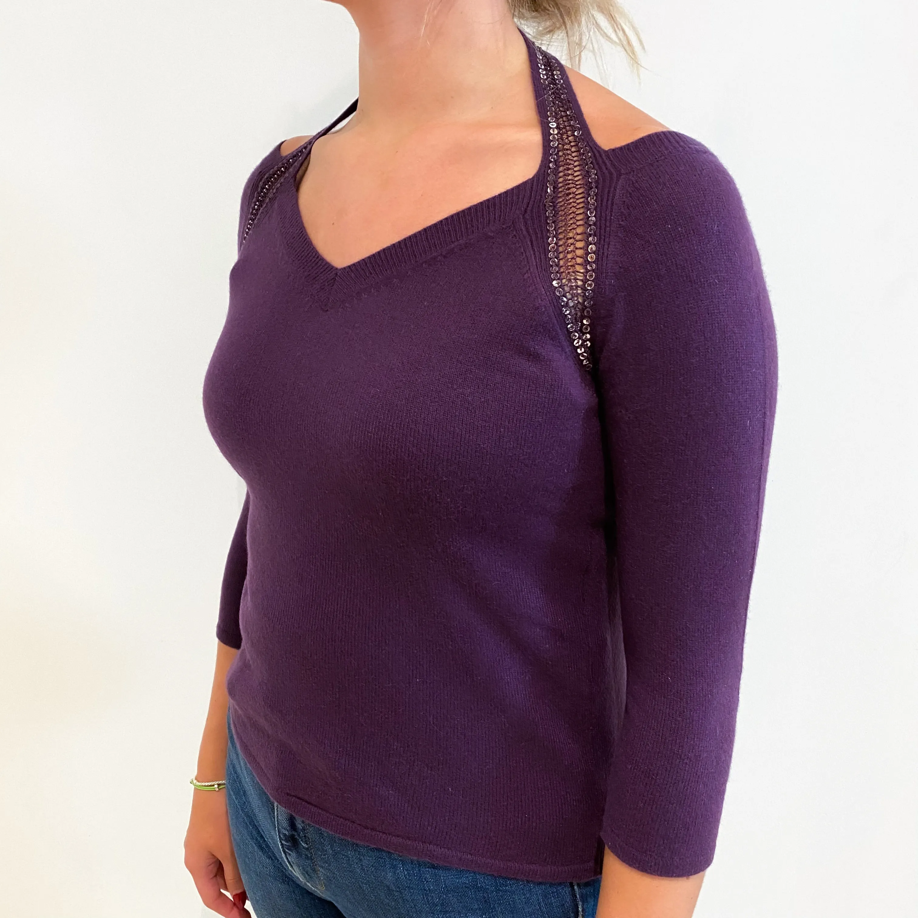 Blueberry Purple Cashmere Halter V Neck Jumper Small