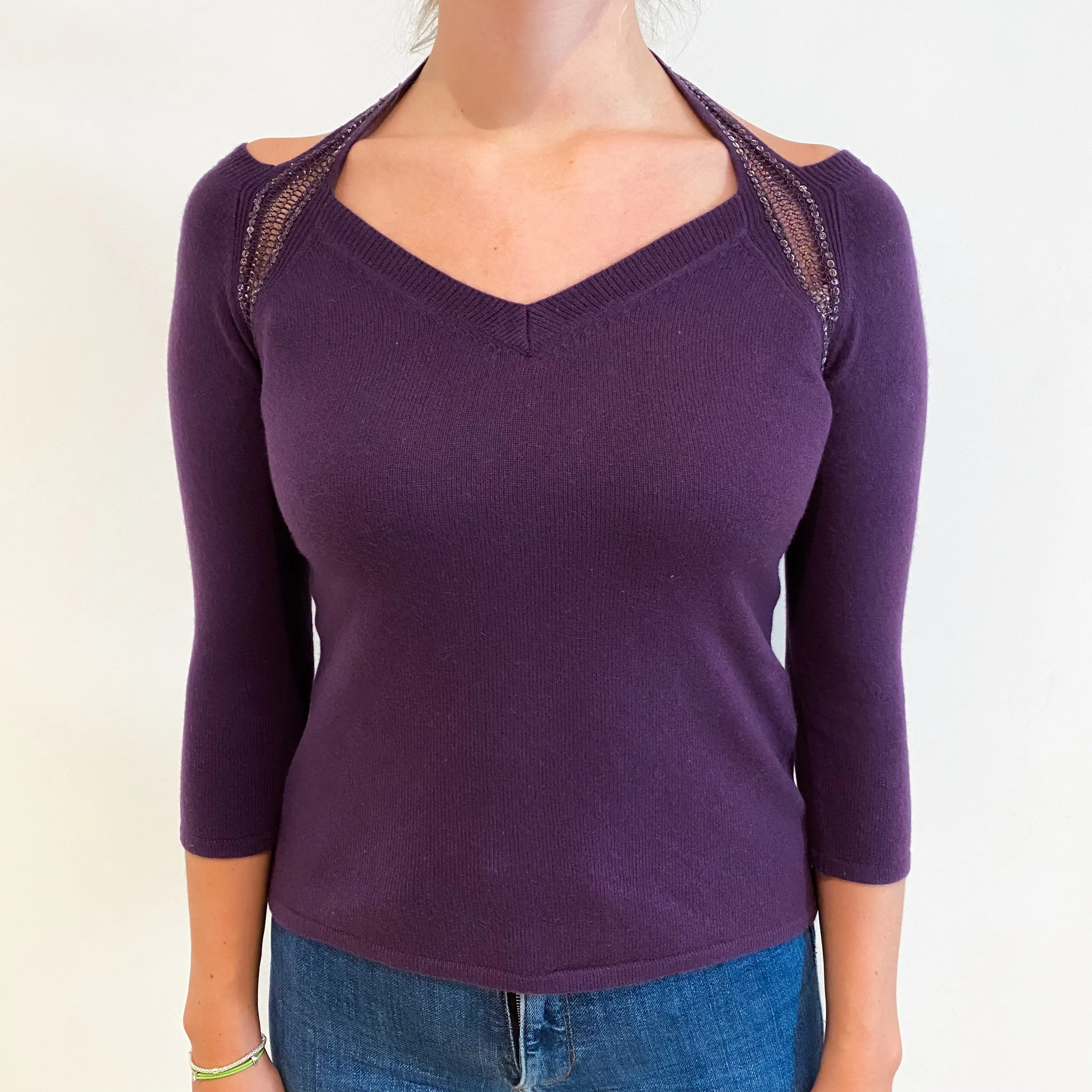 Blueberry Purple Cashmere Halter V Neck Jumper Small