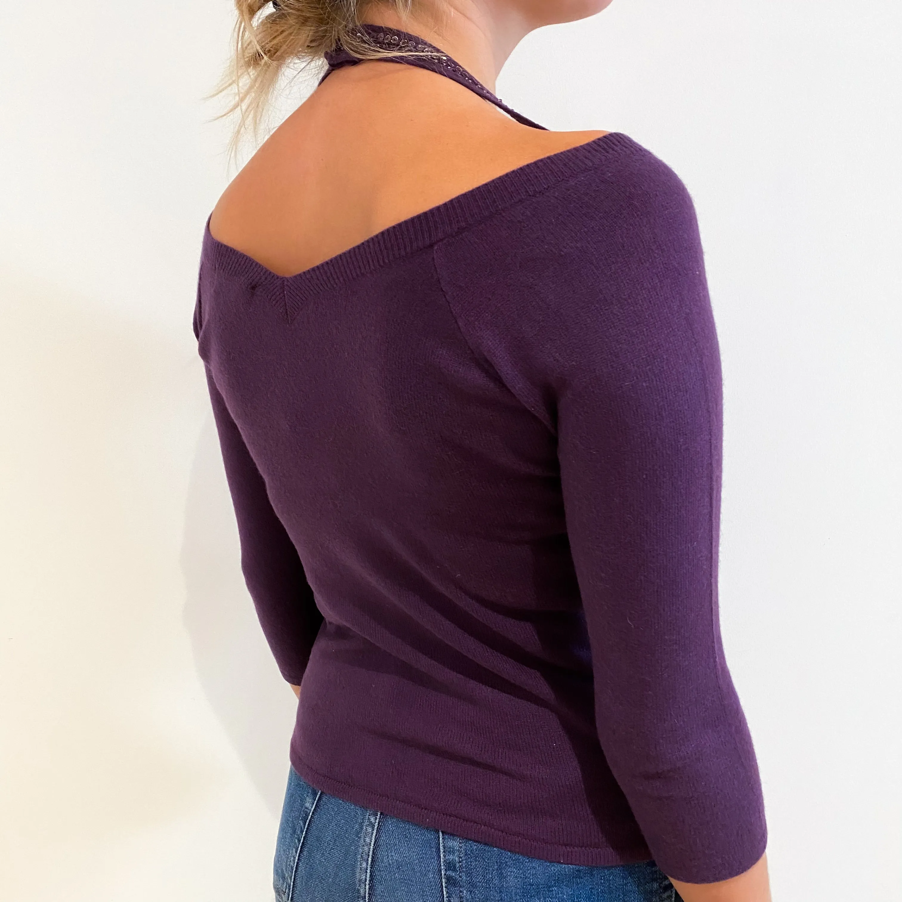 Blueberry Purple Cashmere Halter V Neck Jumper Small