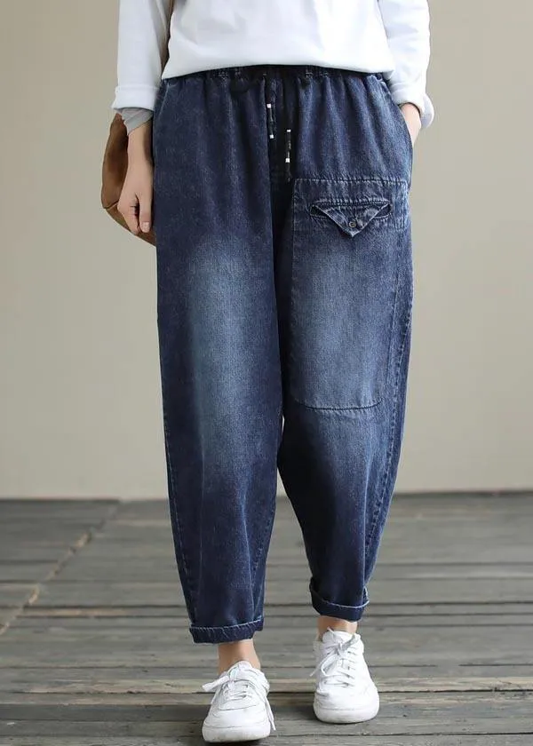 Bohemian Denim Blue High Waist Loose Spring Cinched Work Outfits Wild Trousers