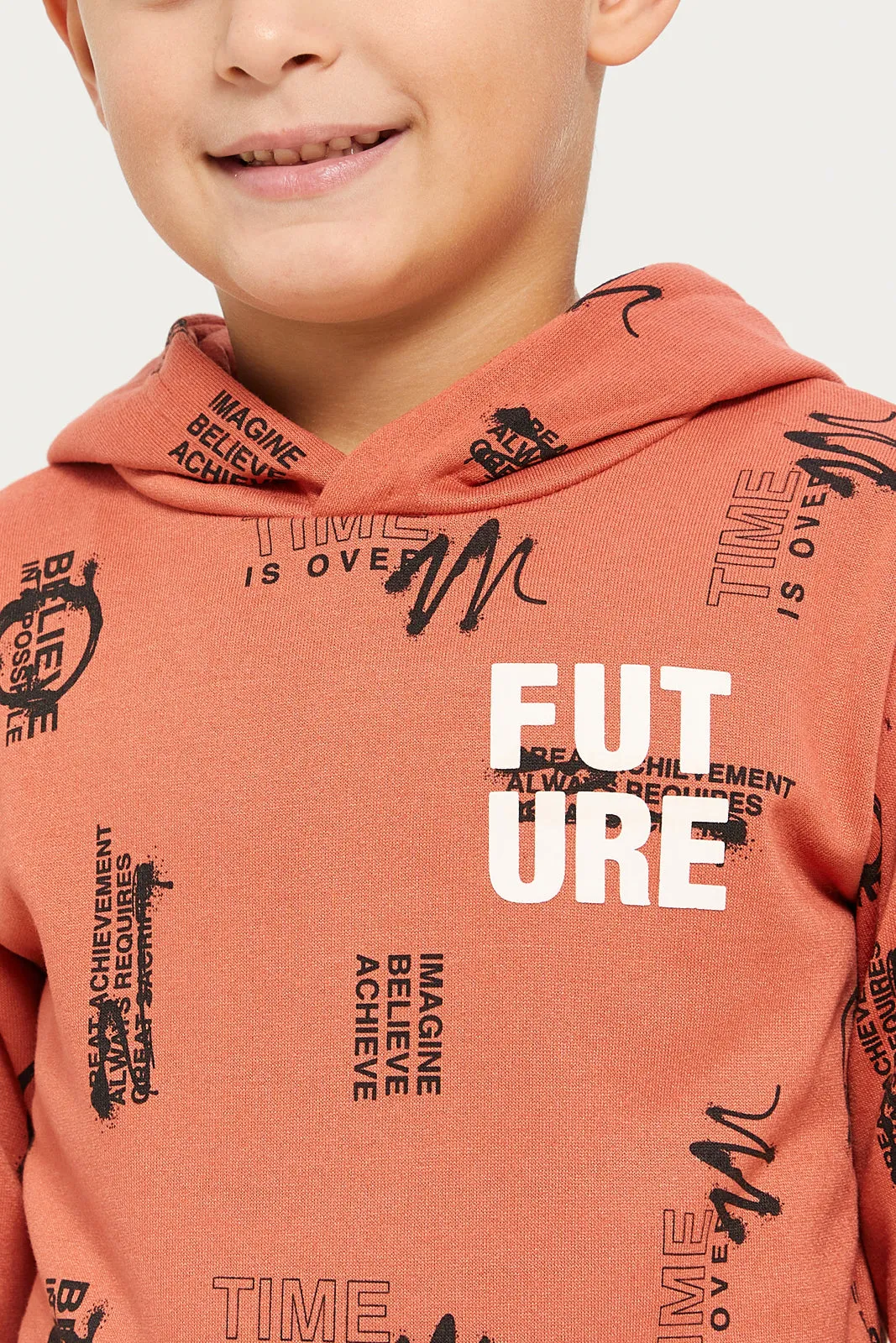 Boys Beige Print Hooded Sweatshirt