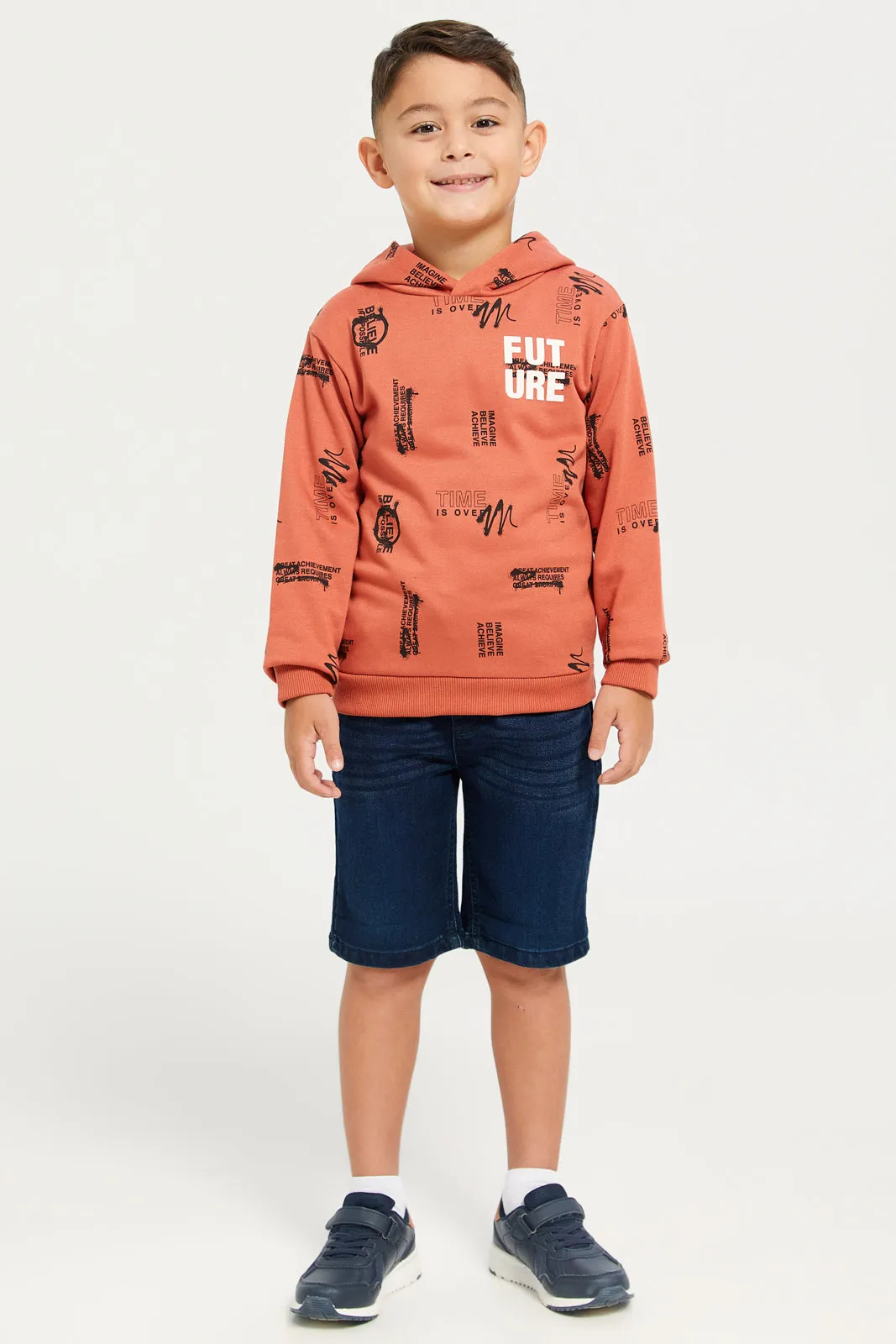 Boys Beige Print Hooded Sweatshirt