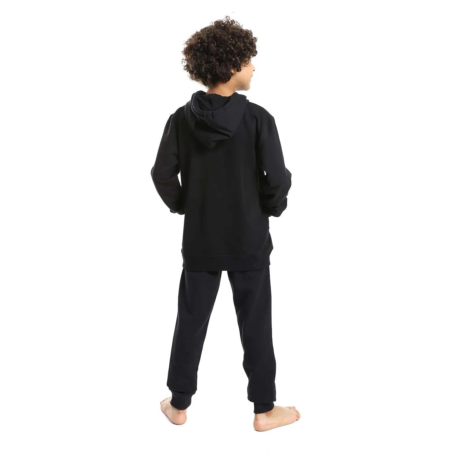 Boys' Black Printed Hoodie and Black Pants Set - Stylish and Cozy Loungewear