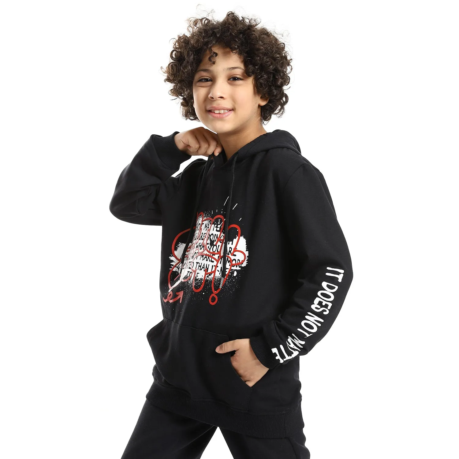 Boys' Black Printed Hoodie and Black Pants Set - Stylish and Cozy Loungewear