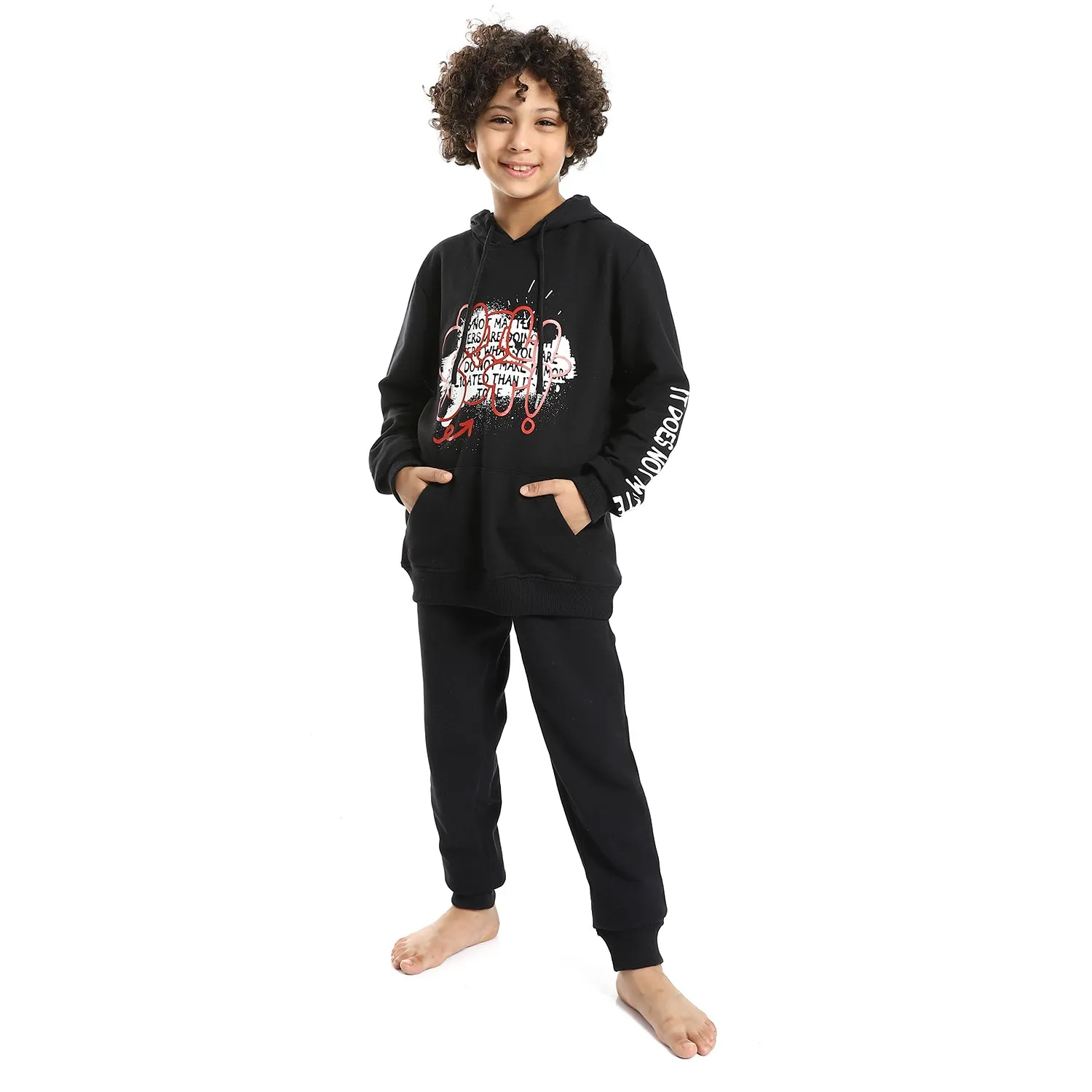 Boys' Black Printed Hoodie and Black Pants Set - Stylish and Cozy Loungewear