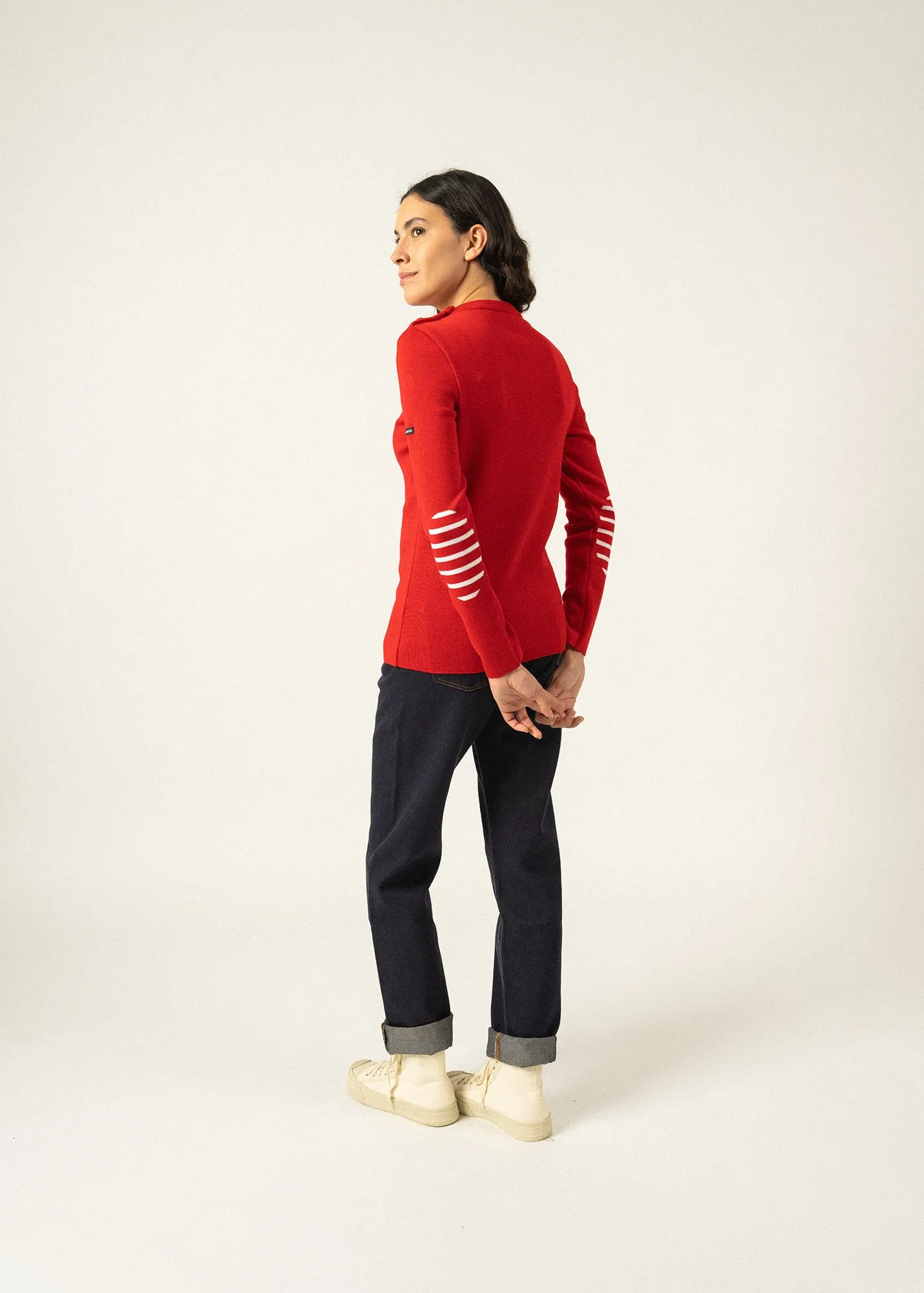 Bregançon plain sailor jumper - striped elbow patches, in wool (TULIPE)