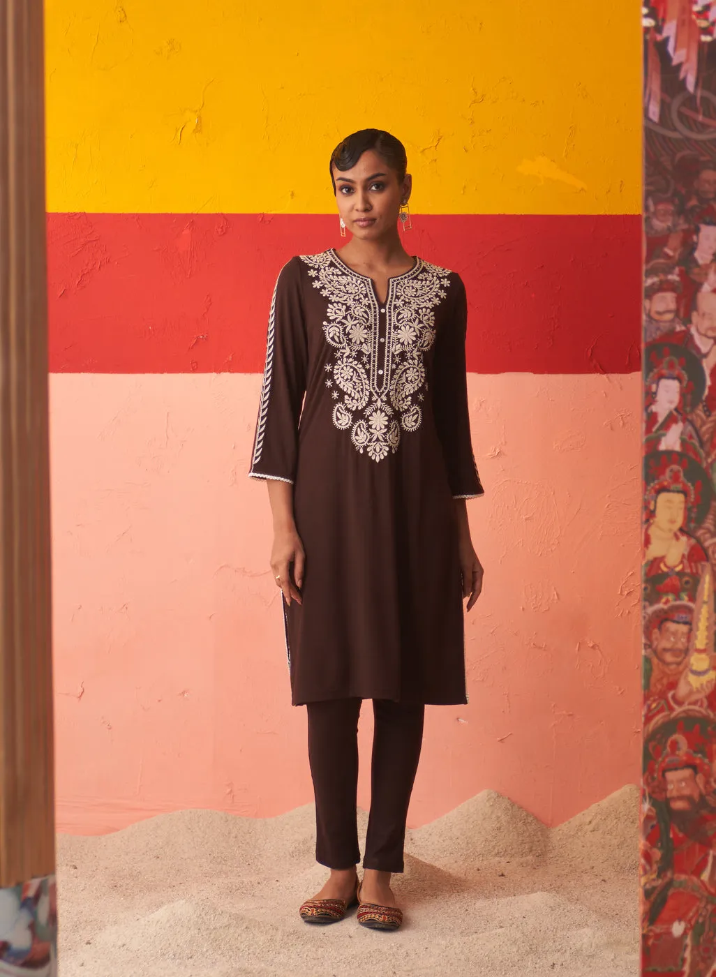 Brown Straight Kurta for Women with Threadwork