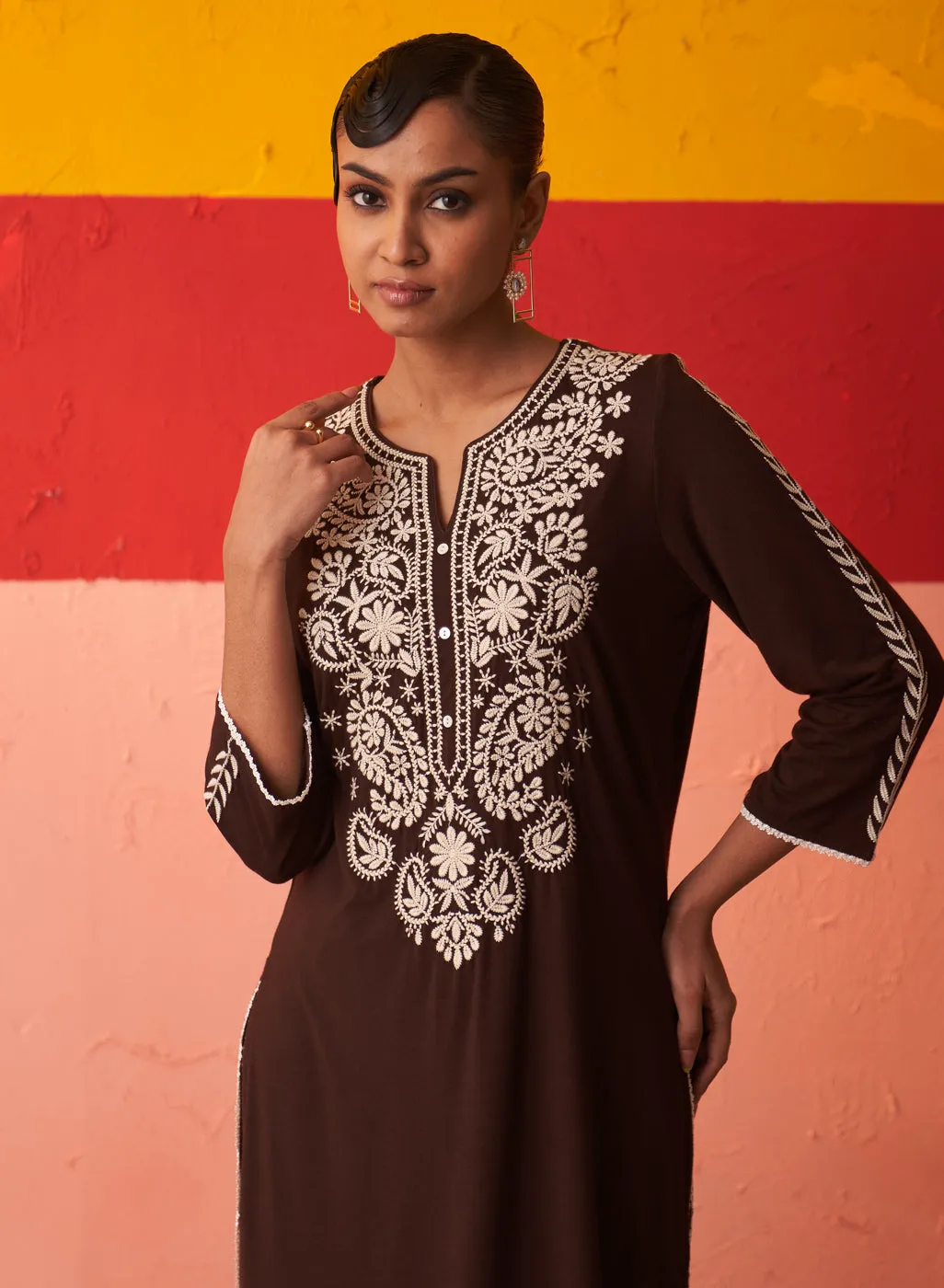 Brown Straight Kurta for Women with Threadwork