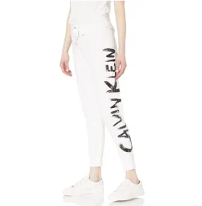 Calvin Klein Performance Women Brush Logo High Waist Drawstring Joggers White