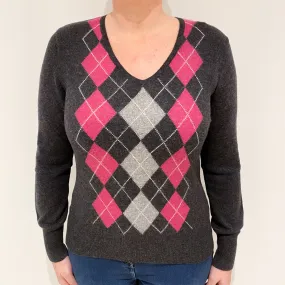 Charcoal Grey Pink Argyle Cashmere V-Neck Jumper Large