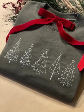 Christmas Tree Embroidered Crewneck in Olive