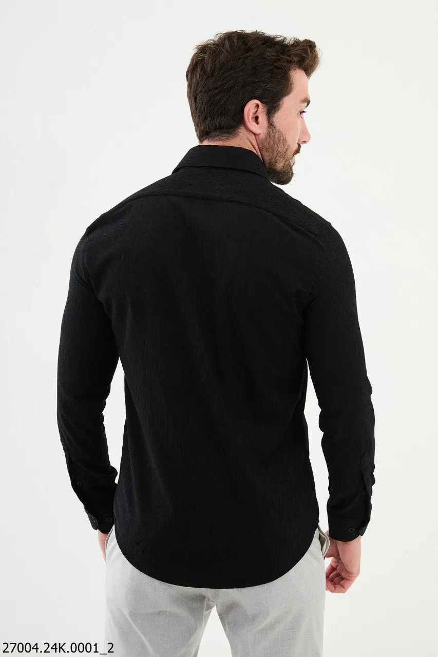 Classic Black Corduroy Shirt with Dual Flap Pockets.