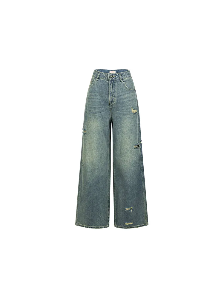 Damage Straight Casual High-Waist Denim-Pants