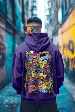 Doodle Purple Oversized Chest Graphic Printed Hoodie