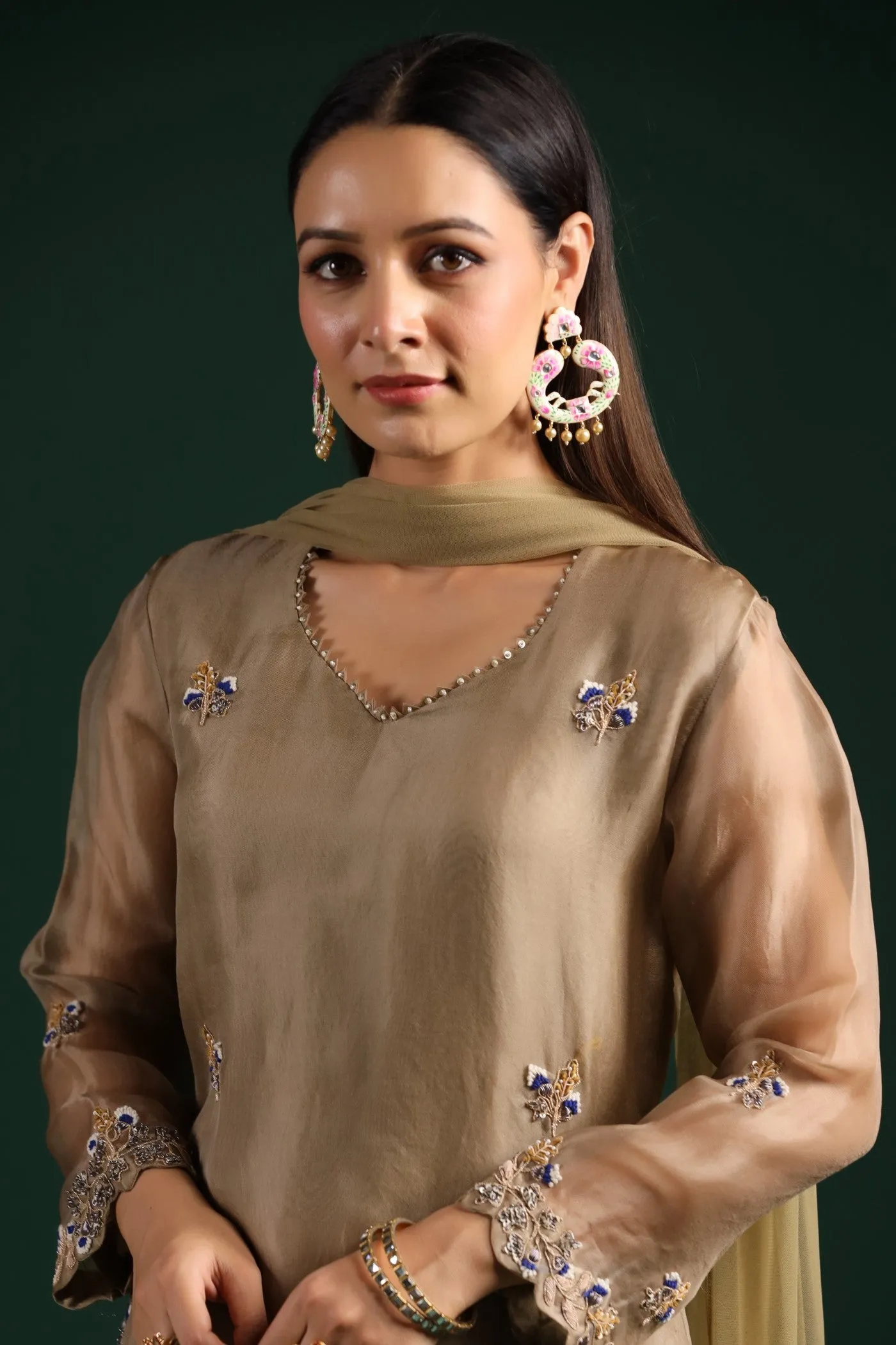 Dusky Green Embroidered Kurta Palazzo Set