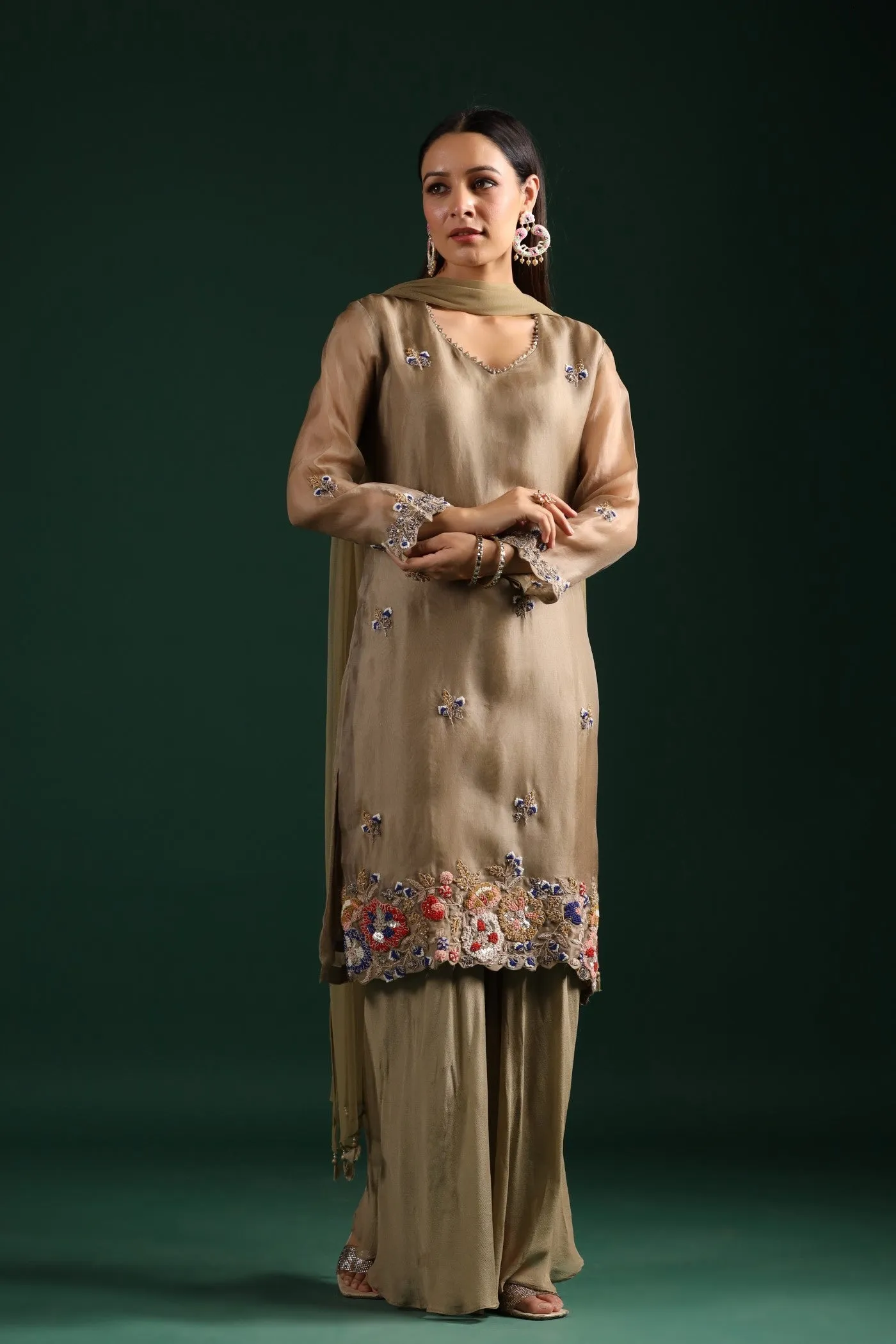 Dusky Green Embroidered Kurta Palazzo Set