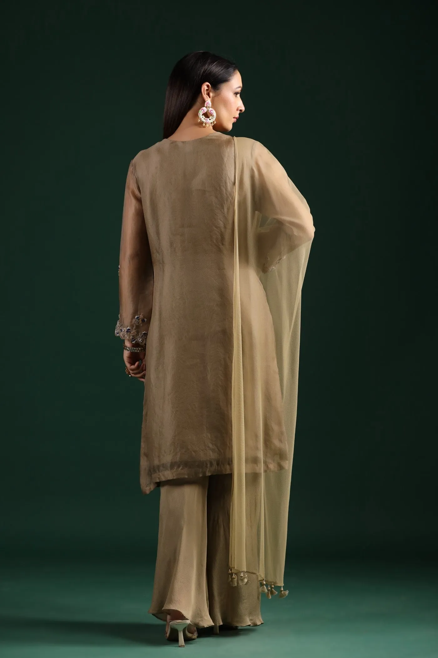 Dusky Green Embroidered Kurta Palazzo Set