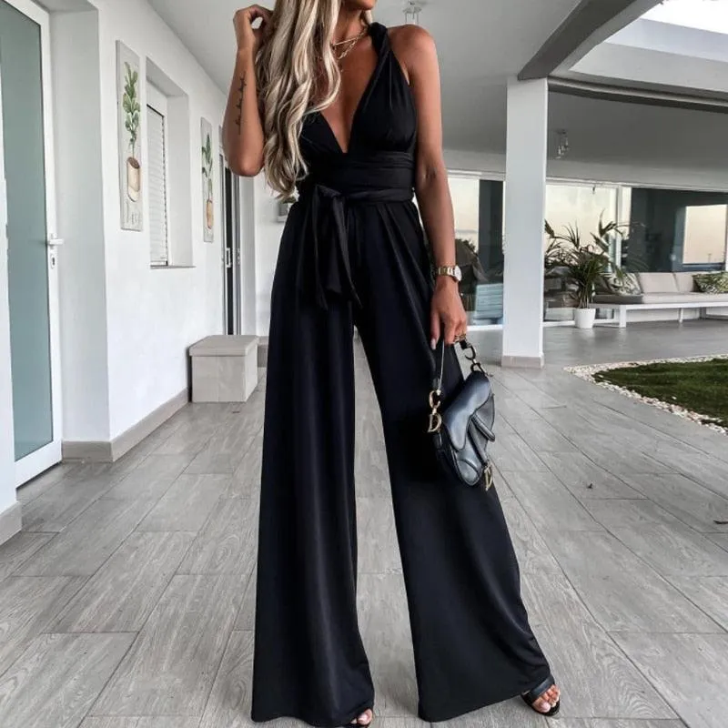 Elegant V-Neck Bandage Hollow Out Straps Jumpsuit