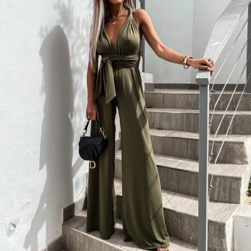 Elegant V-Neck Bandage Hollow Out Straps Jumpsuit