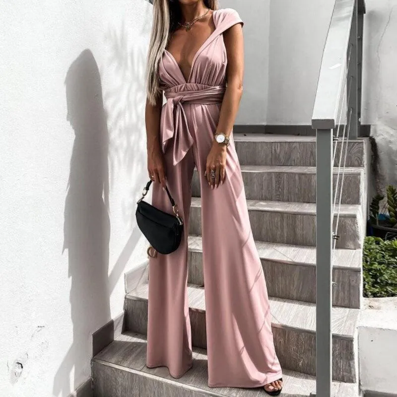 Elegant V-Neck Bandage Hollow Out Straps Jumpsuit