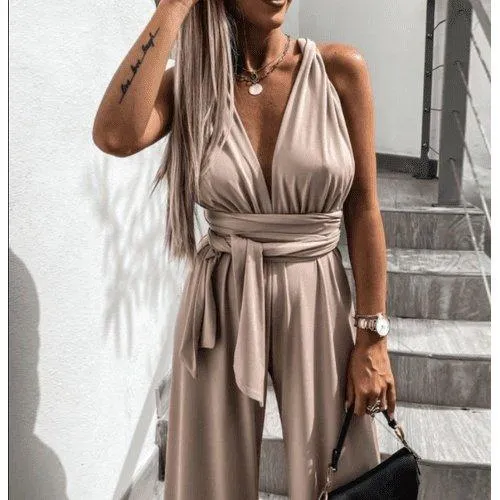 Elegant V-Neck Bandage Hollow Out Straps Jumpsuit