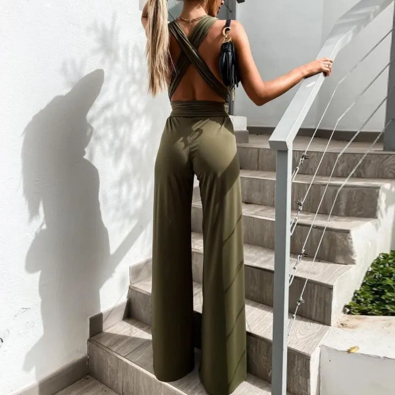 Elegant V-Neck Bandage Hollow Out Straps Jumpsuit