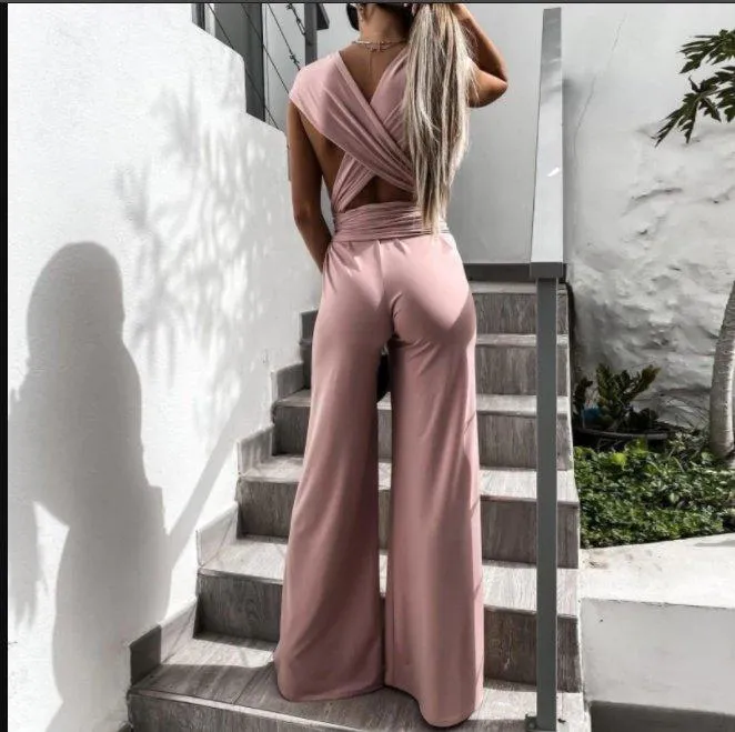 Elegant V-Neck Bandage Hollow Out Straps Jumpsuit