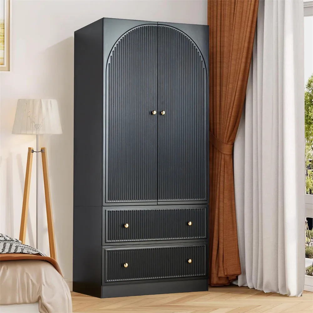 Freestanding Wooden Armoire Wardrobe Closet with 2 Storage Drawers